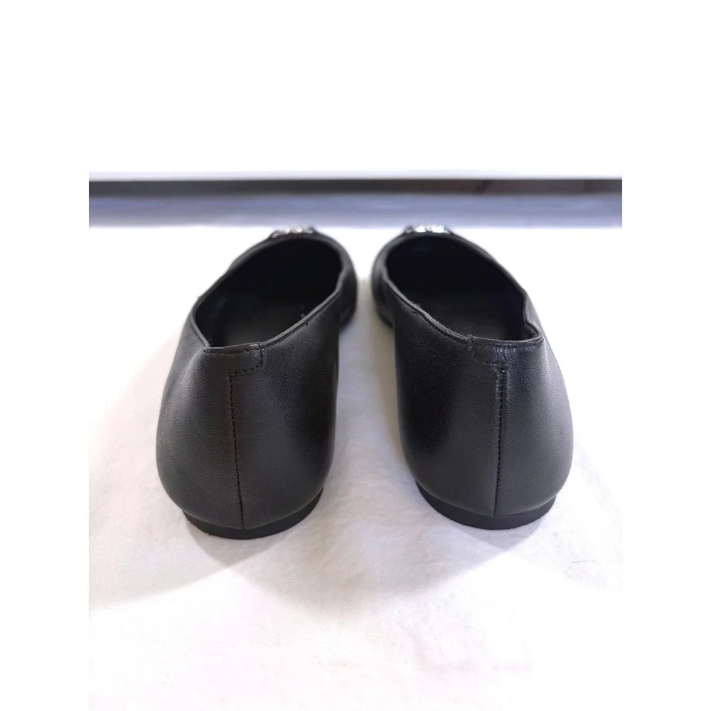 Michael Kors Mandy Black Leather Cap Toe Ballet Flats Silver MK Logo Shoes 10.5